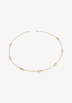 Collier en chaîne dorée avec des éléments ovales reliés, présentant un design délicat et léger avec une finition brillante. Mesure environ 16 à 18 pouces.