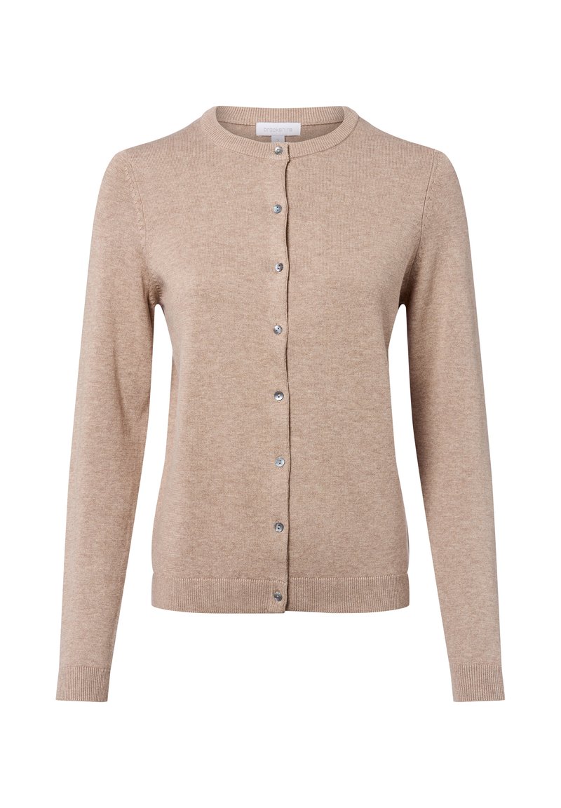 Cardigan beige en tricot doux, avec un col rond, des manches longues et six boutons argentés sur le devant. Ourlet côtelé.