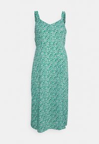 Vestido floral verde con tirantes ajustables en espagueti, detalles de volantes fruncidos en los hombros y una silueta A-line fluida. Tejido ligero.