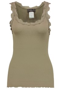 Sleeveless ribbed taupe tank top with floral lace trim around scoop neckline and armholes, fitted silhouette.