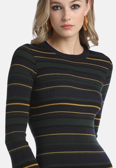 Ribota megztinis su tekstūra tamsiai žalia, mėlynai ir geltonai juostuotais raštais; turi ilgas rankoves ir apvalų dekoltė.