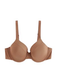 Reggiseno imbottito marrone con tessuto morbido e liscio, spalline regolabili e un design semplice caratterizzato da cuciture curve e chiusura a gancio.