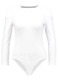 Pitkähihainen valkoinen bodysuit, joka on valmistettu sileästä, joustavasta kankaasta. Siinä on pyöreä pääntie ja korkeat lahkeensisätyöt. Ominaisuuksina olkaleikkaukset.