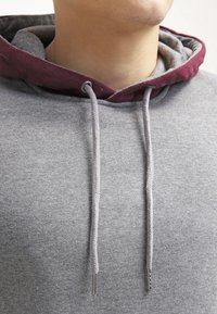 Sweat à capuche gris avec une doublure intérieure bordeaux, doté d'une poche frontale, de cordons de serrage et de poignets côtelés. Le tissu semble doux et texturé.