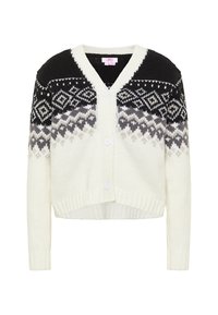 Cardigan lavorato a maglia color crema con un collo a yoke decorato in nero. Caratterizzato da un scollo a V, tre bottoni bianchi e polsini e orlo a costine. Il motivo include disegni geometrici.