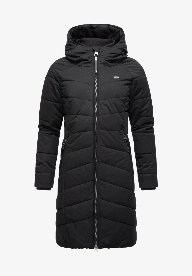 Črna podložena jakna s kapuco, z zadrgo na sprednji strani, diagonalnim prešitim vzorcem, dvema stranskima žepoma in elastičnimi manšetami za tesno prileganje.