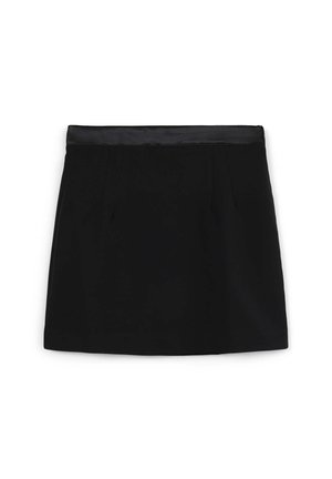 Black skirt with a smooth, satin waistband, featuring a A-line shape and pleats near the hem. Fabric is lightweight with a matte finish.