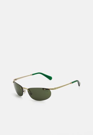 Sunglasses with green, gradient lenses and gold-tone metal frame. Features green-accented temple arms and decorative crystal embellishments.