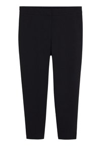 Leggings noirs fabriqués dans un matériau lisse et extensible avec une taille élastiquée et une coupe ajustée, présentant des ourlets à la cheville.