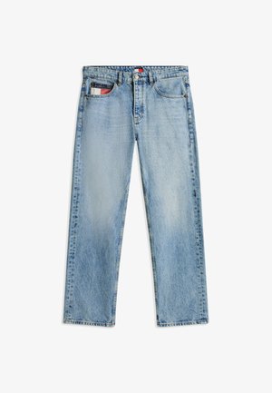 Jeanși din denim de un albastru deschis, cu un croi drept. Prezintă cinci buzunare, cusături contrastante și o textură ușor decolorată.