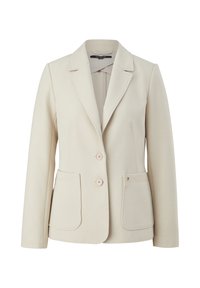 Blazer da donna color crema con revers, due bottoni, maniche lunghe e due tasche anteriori a toppa.