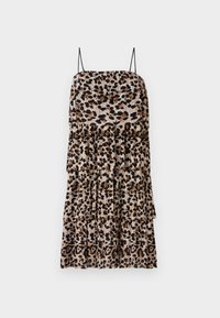 Nabrani sunčani haljina u bež boji s crnim i smeškim leopard printom, s tankim crnim trakama i višeslojnim dizajnom za dodatnu teksturu.