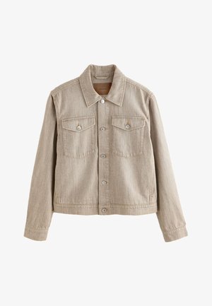 Veste en denim beige clair avec manches longues, fermeture boutonnée devant, deux poches poitrine à rabat avec boutons et col pointu.