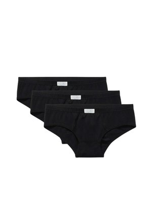 Tre slip neri in cotone impilati orizzontalmente con piccole etichette rettangolari bianche con il marchio sulle cinture.
