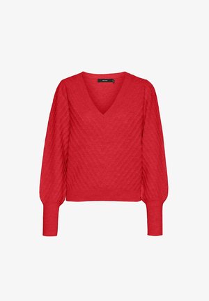 Maglione rosso lavorato a maglia con scollo a V, caratterizzato da un motivo a zigzag testurizzato e maniche a palloncino. I polsini e l'orlo a coste completano il design.