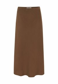 Barna, térd hosszúságú szoknya sima anyagból. Egyszerű, egyenes kialakítása van, rugalmas derékkal, látható minták vagy díszítések nélkül.