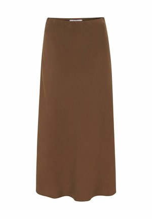 Barna, térd hosszúságú szoknya sima anyagból. Egyszerű, egyenes kialakítása van, rugalmas derékkal, látható minták vagy díszítések nélkül.