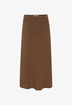 Brąskowa spódnica do kolan wykonana z gładkiego materiału. Charakteryzuje się prostym, prostym krojem, elastycznym pasem i bez widocznych wzorów czy akcentów.