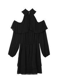 Schwarzes Kleid mit schulterfreiem Design, gerafftem Ausschnitt, langen Puffärmeln, elastischem Bund und geschichtetem Saum. Hergestellt aus leichtem Stoff.