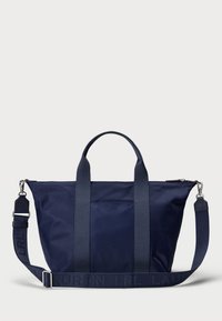 Ruokatorin sininen nailonikassi kaksipisteisillä yläkahvoilla, säädettävällä olkahihnalla, etupussilla ja logopainatuksella hihnassa. Silkkinen pinta.