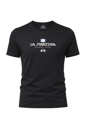 T-shirt nera a maniche corte con scritta bianca "La Martina Buenos Aires", bandiera azzurra e bianca e logo con due giocatori di polo sul petto.