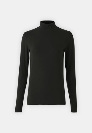 Maglione a maniche lunghe nero con colletto alto realizzato in un tessuto morbido ed elasticizzato; presenta un collo alto e una silhouette aderente. Nessun motivo o accentuazione.