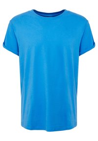 Blå bomullströja med korta uppvikta ärmar, rund halsringning och en slät yta. Har en enfärgad design utan mönster eller accenter.