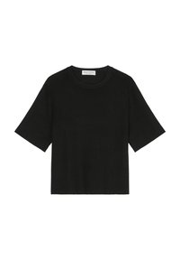 Schwarzes Kurzarmoberteil aus weichem Stoff mit Rundhalsausschnitt und lässiger Passform. Einfaches Design ohne markante Muster oder Akzente.