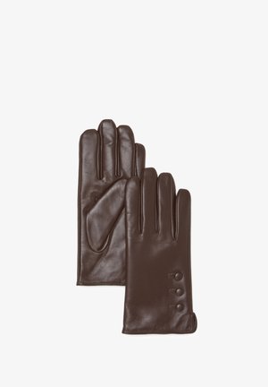 Ein Paar dunkelbraune Lederhandschuhe mit drei dekorativen Knöpfen am Bündchen, flach ausgelegt, wobei ein Handschuh den anderen überlappt.