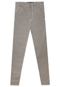 Slim-fit broek met een zwart-wit houndstoothpatroon, voorste knoop, ritssluiting en twee voorzakken.