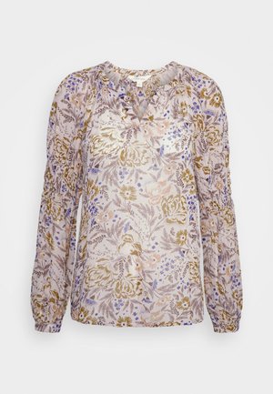 Blusa floral em tecido transparente, com decote em V, mangas longas bufantes, e uma palete de cores pastel com padrões em rosa, dourado e azul.