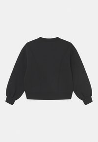 Schwarzer Sweatshirt mit rundem Ausschnitt, Ballonärmeln und Nahtdetails. Hergestellt aus weichem Stoff, hat es ein kurzes Design.