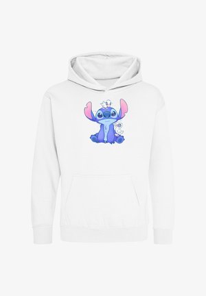 Weißer Hoodie mit einem großen Grafikum einer blauen Figur mit rosa Ohren auf der Vorderseite, einschließlich zwei kleinen weißen Akzenten.