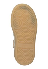 Schoenen zool met een gestructureerde, lichtbruine rubberen onderkant. Bevat ronde en patroonontwerpen voor grip, met een vlak gebied nabij het midden.