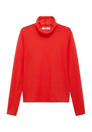 Roter Langarm-Turtleneck-Pullover, weiche Textur, taillierter Schnitt, mit hohem Kragen und minimalen Nähten. Hergestellt aus leichtem Stoff.
