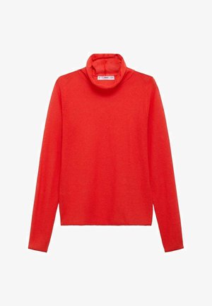 Rdeča dolgo rukava turtleneck pulover, mehkega tekstura, prilegajoče zasnove, z visokim ovratnikom in minimalnimi šivi. Narejen iz lahkega materiala.