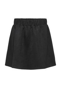 Svart A-linjeet skjørt med elastisk midjebånd, laget av mykt materiale, med en jevn tekstur og en utvidet design. Ingen mønstre eller accenter.