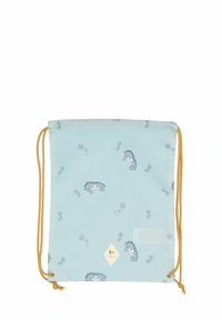 Vaaleansininen nyöritasku, jossa on merihevonen ja kuplakuvioita, keltainen naru ja pieni timantinmuotoinen logoyksityiskohta.