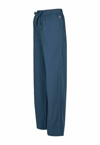 Lekki, ciemnoniebieski spodnie o luźnym kroju, z elastycznym paskiem w talii, z przodem wiązanym oraz małym haftowanym akcentem przy pasku.