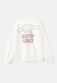 Hvid sweatshirts med en tegneseriehare og teksten "OUT OF OFFICE" i pink, med ribstrikkede manchetter og en afslappet pasform.