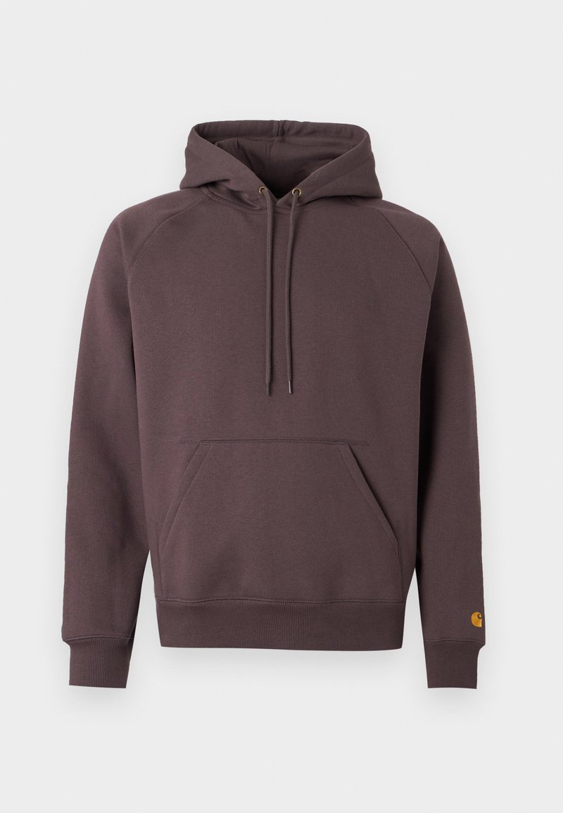 Felpa con cappuccio in misto cotone marrone scuro. Presenta una tasca a marsupio frontale, polsini a costine e un piccolo logo sul polsino.