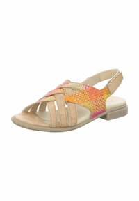 Sandali beige con un motivo intrecciato che presenta accenti rosa, arancione e giallo. Design open-toe con tacco basso e cinturino regolabile sul retro.
