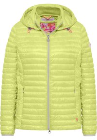 Bright green puffer jacket with a zip-up front, detachable hood, and stitched detailing. Features side pockets and a patterned inner lining.