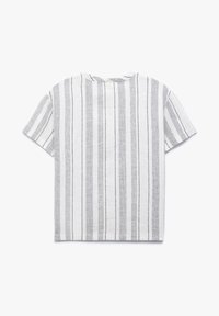 Korte mouwen, grijs-wit gestreepte linnen shirt met een ronde halslijn en een relaxte pasvorm, met verticale afwisselende dunne en dikke strepen.