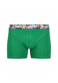 Grüne Boxershorts mit einem blumigen Bund, auf dem der Text "JACK & JONES" steht. Der Stoff wirkt glatt und hat ein enganliegendes Design mit einem konturierten Beutel.