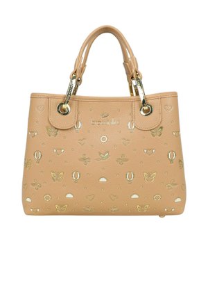 Borsa in pelle color cuoio con manici dorati, decorata con motivi dorati e bianchi di farfalla, cuore, mongolfiera, sole, nuvola e uccello.