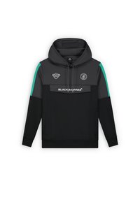 Sudadera negra con detalles en gris y verde azulado, cuenta con un bolsillo frontal tipo pouch, capucha con cordón y logotipos en el pecho y en el hombro.