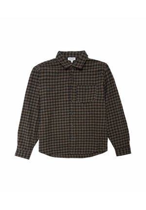 Langarmhemd in dunklem Karomuster mit braunen, schwarzen und cremefarbenen Tönen; verfügt über einen Kragen, eine Brusttasche und eine Knopfleiste. Aus Baumwollstoff.