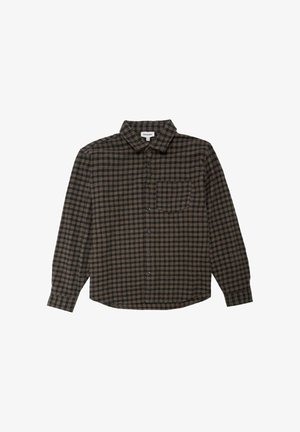 Langarmhemd in dunklem Karomuster mit braunen, schwarzen und cremefarbenen Tönen; verfügt über einen Kragen, eine Brusttasche und eine Knopfleiste. Aus Baumwollstoff.