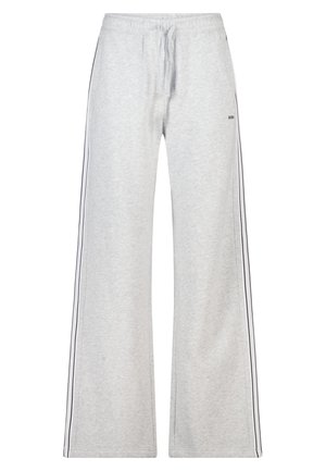 Light gray sweatpants with an elastic waistband and drawstring. Features side stripes in dark color, wide legs, and soft fabric texture.